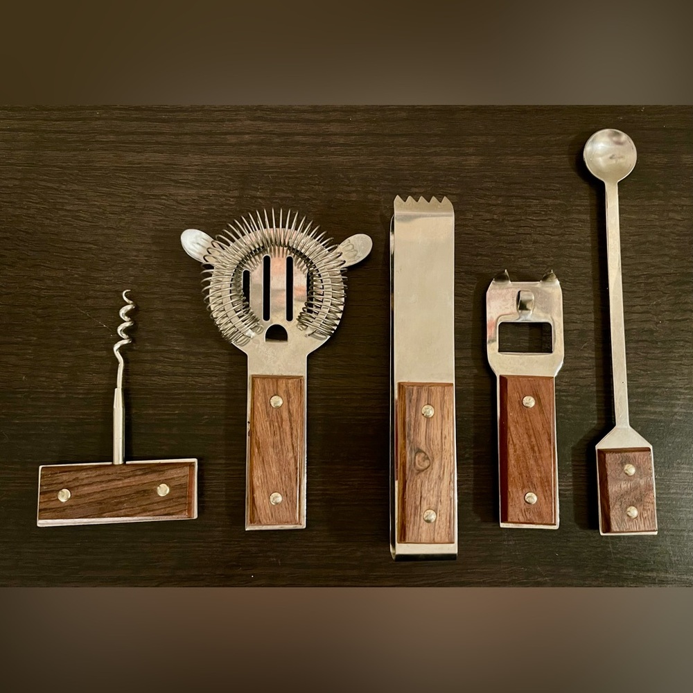 VTG Mid Century Modern Wood & Metal Bar Tool Set, Made in Japan, Set of 5 Pieces
